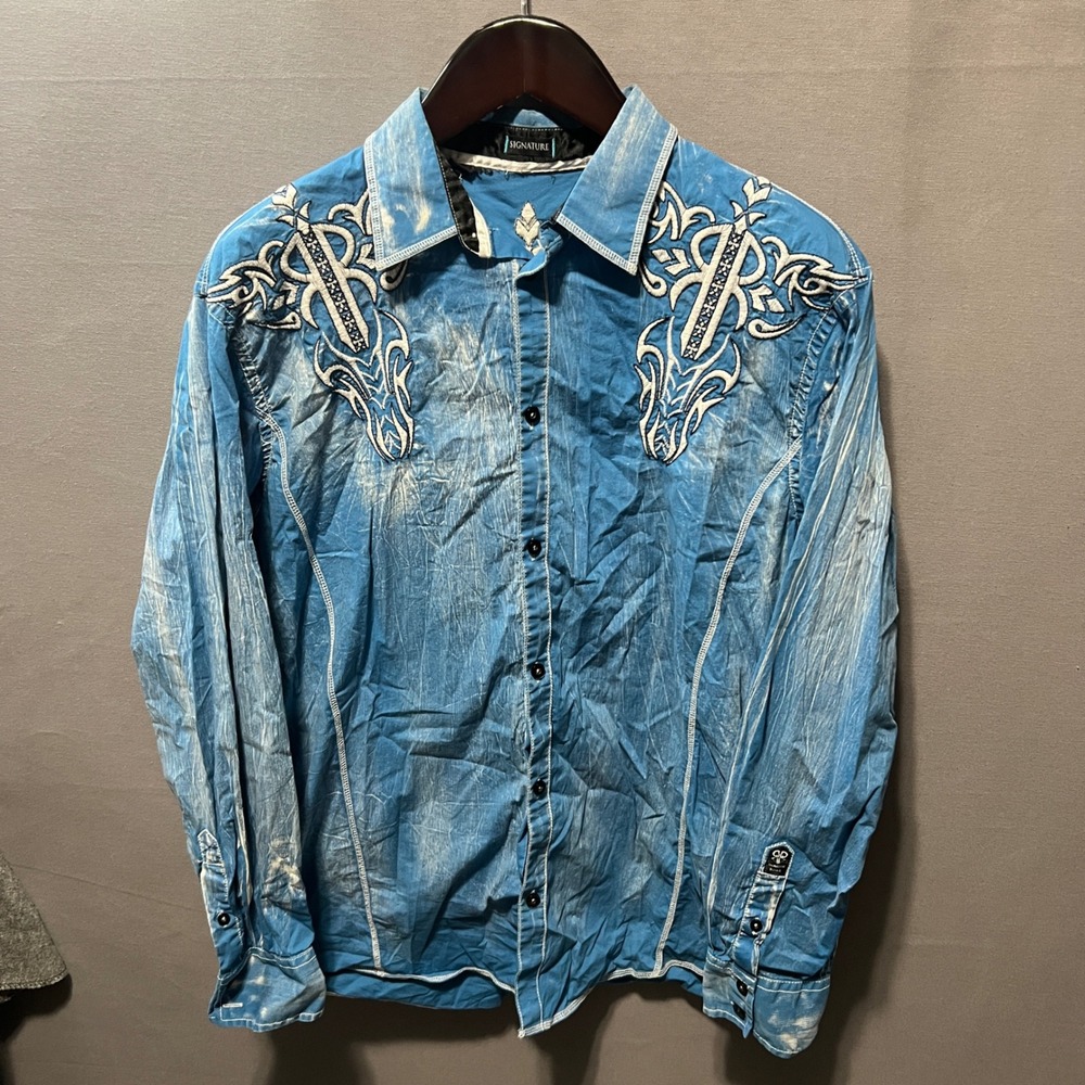 Signature Mens XL Blue Acid Wash Tribal Embroidered Long Sleeve Button Down